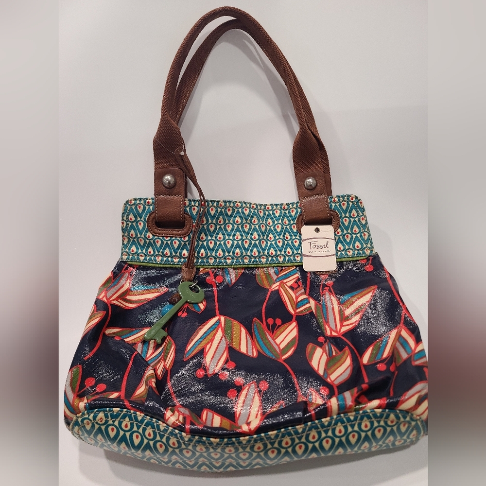 FOSSIL Key-Per Floral Tulips Coated Canvas Hobo Shoulder Handbag